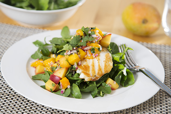 Simple Pan Fried Fish and Sweet Nectarine Salsa and Rocket Salad