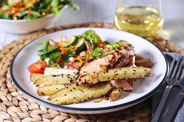 Grilled Ginger Miso Chicken with Sesame Fries and a Crunchy Peanut Salad