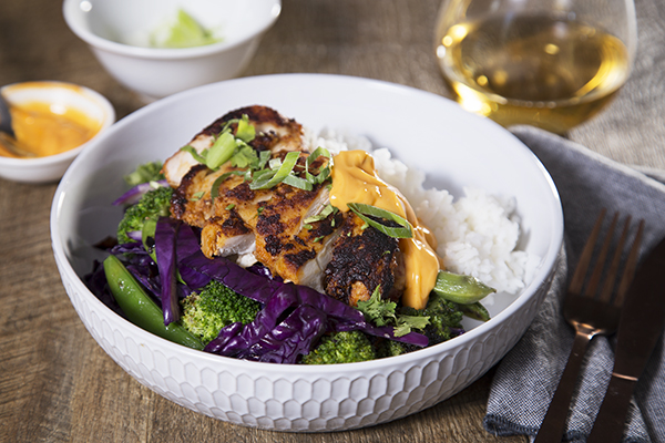 Coconut Sriracha Chicken Bowl with Jasmine Rice Stir Fry Veg and Spicy Mayonnaise