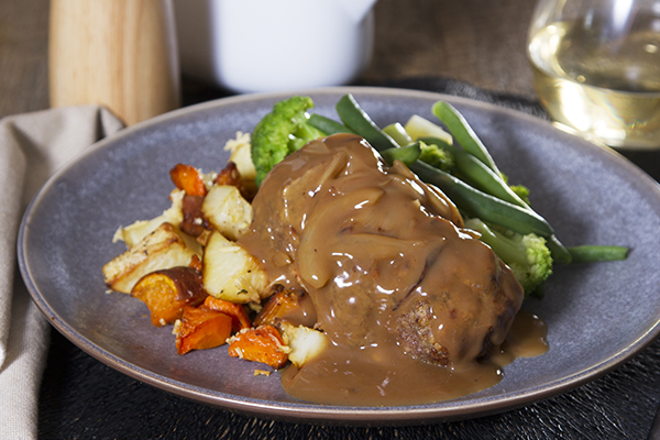 Mini Meatloaves with Onion Gravy, Parmesan Roasted Veggies and Greens