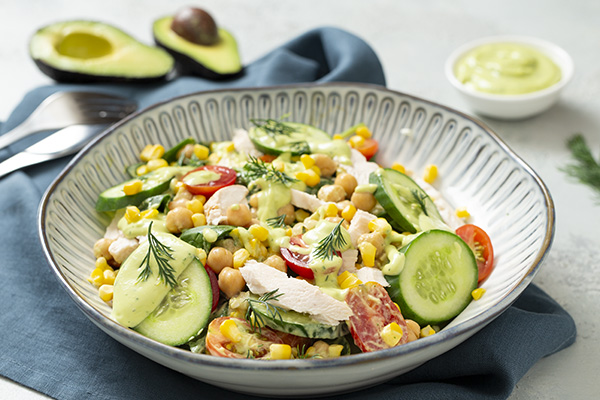 Speedy Chicken, Spinach and Chickpea Salad with Avocado Dressing