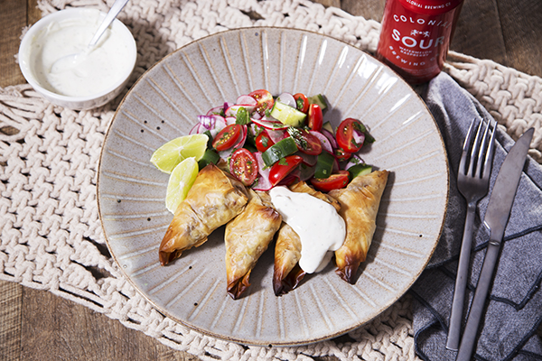 Pumpkin and Pea Samosa with Kachumba Salad and Lime Yoghurt