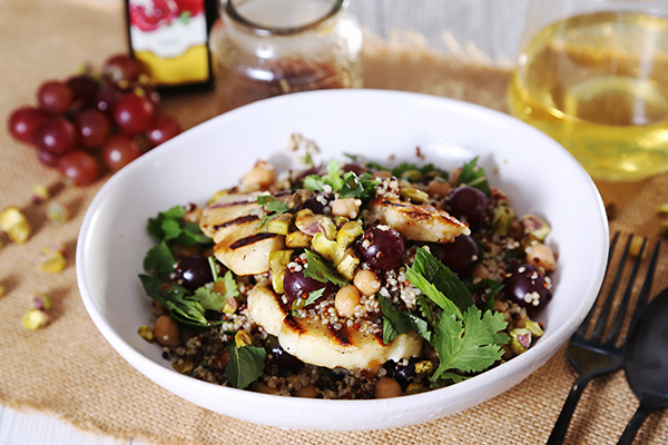 Grape, Haloumi and Tricolour Quinoa with Chickpeas and Pomegranate Molasses Dressing