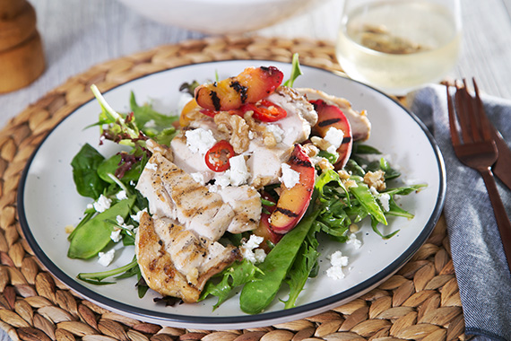 Grilled Chicken and Peach Salad with Crumbled Fetta & Walnuts