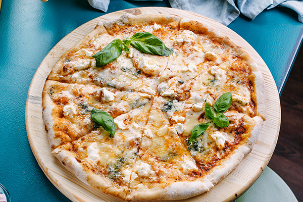 Four Cheese Pizza and Side Salad with Roast Garlic Vinaigrette