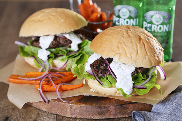 Middle Eastern Kofta Burger, Sweet Potato and Carrot Fries with Tzatziki