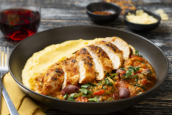 Chicken Puttanesca with Olives and Capers and Cheesy Polenta
