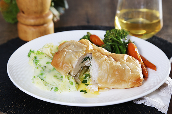 Filo Chicken Kiev with Pea and Potato Mash, Broccolini & Baby Carrots
