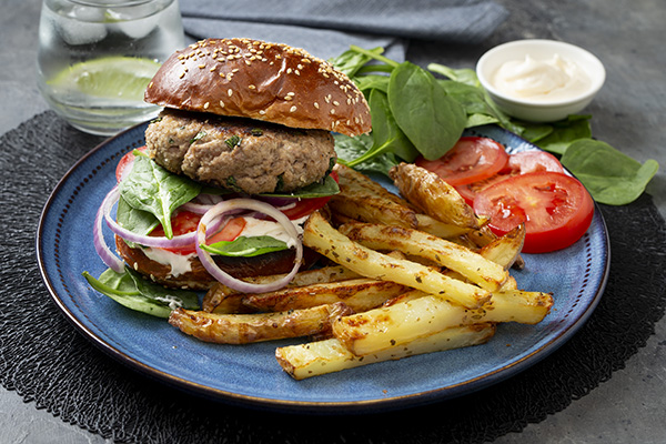 Lamb and Beef Burger with Garlic Aioli and Fries