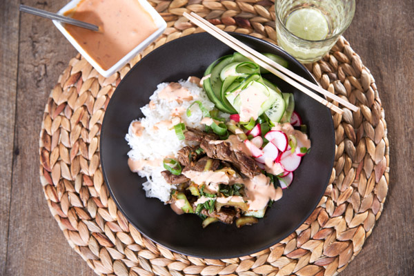 Korean Beef Bowl with Gochujang Mayo, Radish and Cucumber