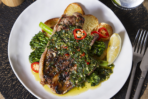 Lamb Steaks with Mint Chimichurri Roast Potatoes and Charred Broccoli