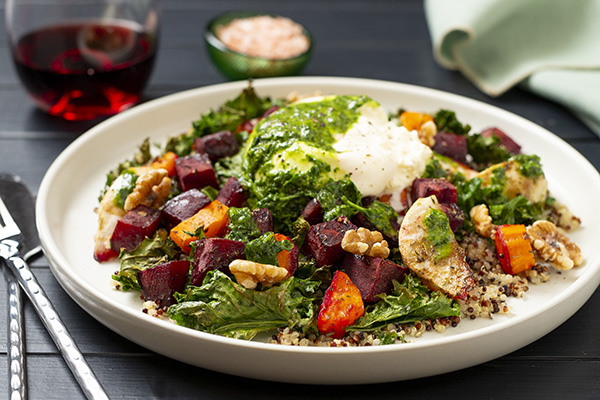 Local Fresh Burrata with Warm Beetroot, Carrot and Pear Quinoa Salad