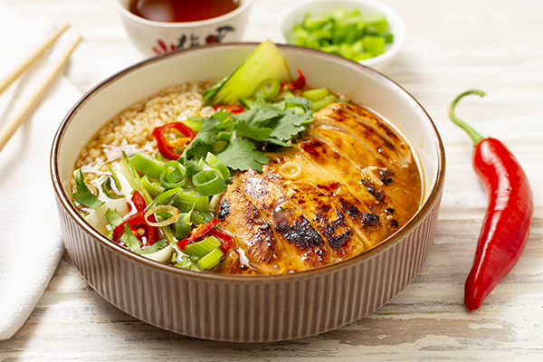 Grilled Chicken and Brown Rice with Ginger Soy Broth