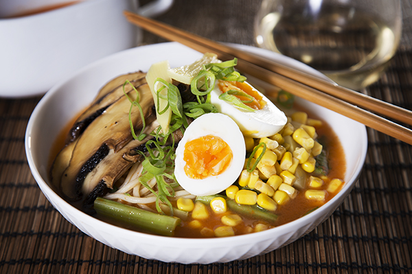 Fresh Udon in a Spicy Mushroom Broth with Baby Choy Sum, Corn and Bamboo Shoots