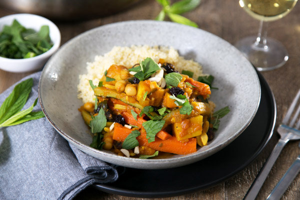 North African Chickpea Tagine with Almonds, Raisins and Couscous