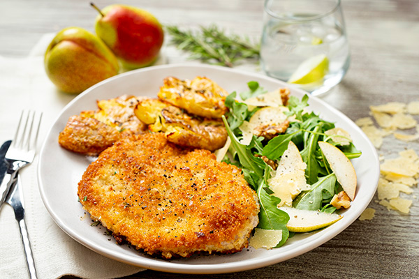 Chicken Milanese with Rosemary Smashed Potatoes with a Pear and Rocket Salad
