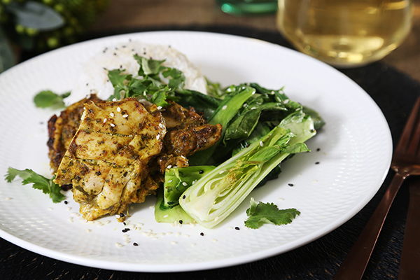 Mild Indian Style Baked Chicken with Seared Asian Greens and Rice