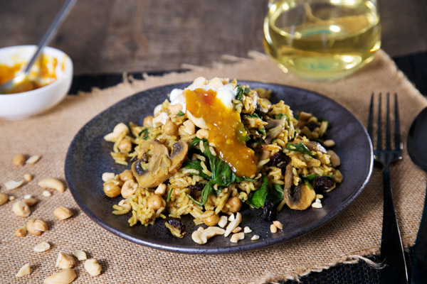 Mild Madras Curried Rice with Chickpeas, Nuts and Raisins Topped with Greek Yoghurt and Mango Chutney