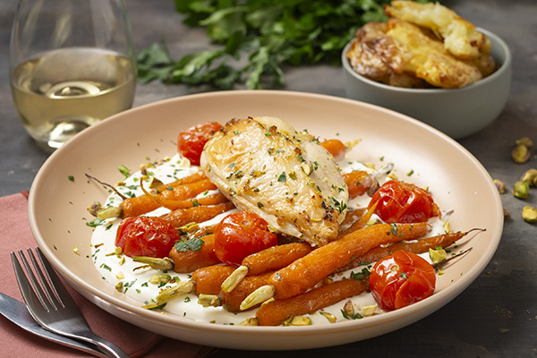 Roast Chicken and Roast Veg with Whipped Garlic Parsley Fetta