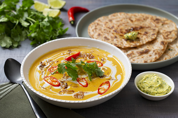 Thai Pumpkin Soup with Naan and Herb Butter