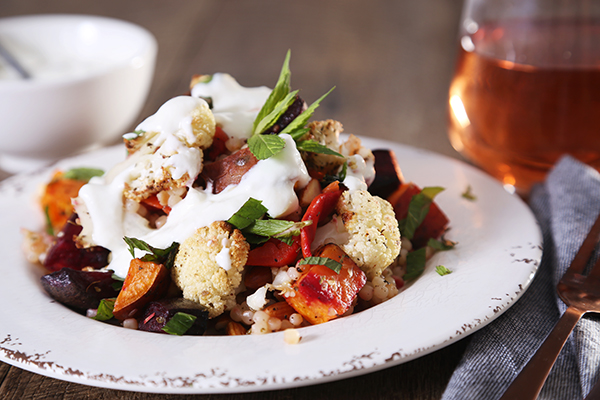 Spiced Cauliflower with Pearl Couscous, Sweet Potato and Garlic Yoghurt