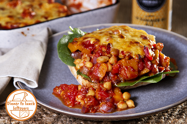 Cheesy Smoked Baked Beans with Pumpkin and Garlicky Ciabatta Toasts