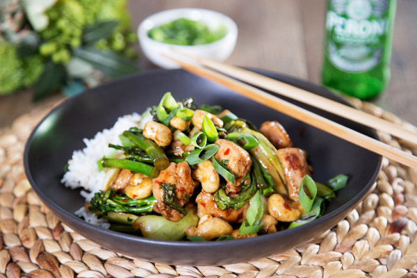 Cashew Chicken with Broccoli, Pak Choy and Jasmine Rice