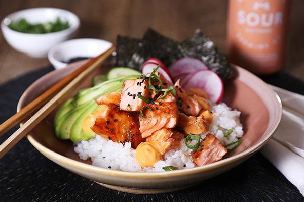 Seared Teriyaki Salmon Poke Bowl with Spicy Mayo, Avo and Nori
