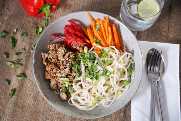 Turkey Udon Bowl with Crunchy Veg and Miso Roasted Sesame Dressing