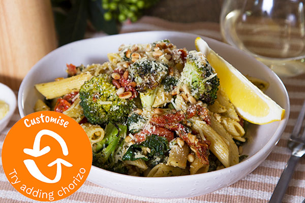 Pesto Penne with Grilled Broccoli, Cherry Tomatoes, Parmesan and Pine Nuts