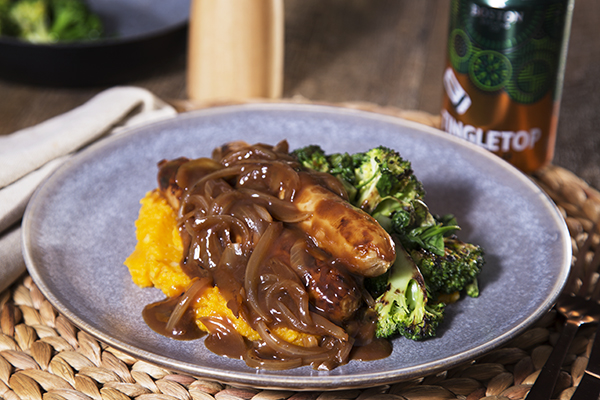 Chicken Sausages in Onion Gravy with Sweet Potato Mash and Veggies