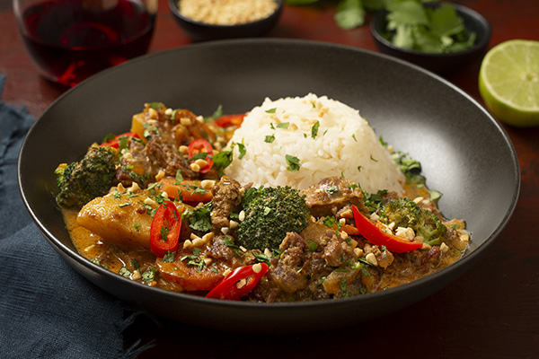 Pulled Lamb Massaman Curry with Potatoes and Broccoli
