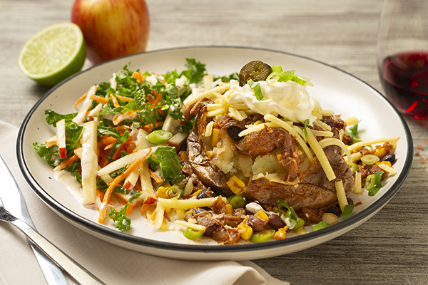 Air Fryer Cowboy Beef Baked Potatoes with a Kale and Apple Slaw