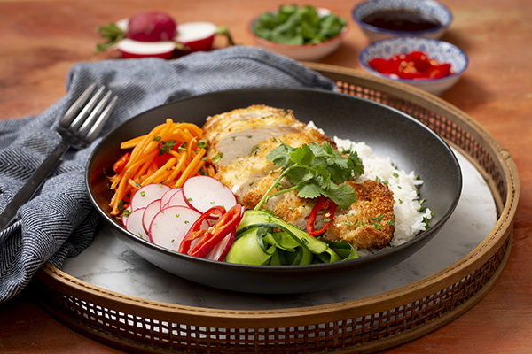 Crispy Chicken Rice Bowl Pickled Carrot and Hoisin Sauce