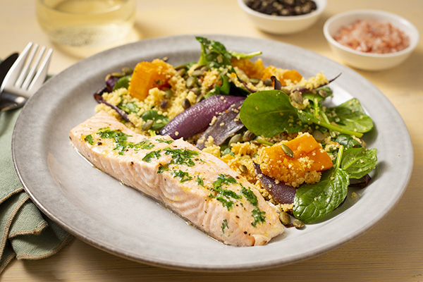 Salmon and Roasted Pumpkin Couscous with Red Onions, Spinach and Pepitas