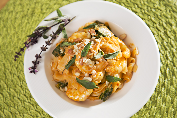 Tom Yum Prawns and Rice Noodles with Pak Choy and Thai Basil