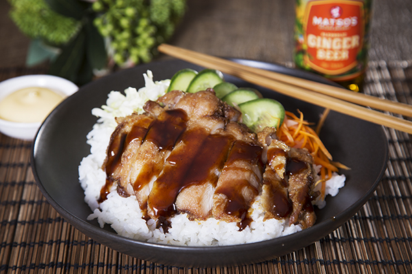 Karaage Chicken Donburi Bowl with a Pickle, Cabbage and Tonkatsu Sauce
