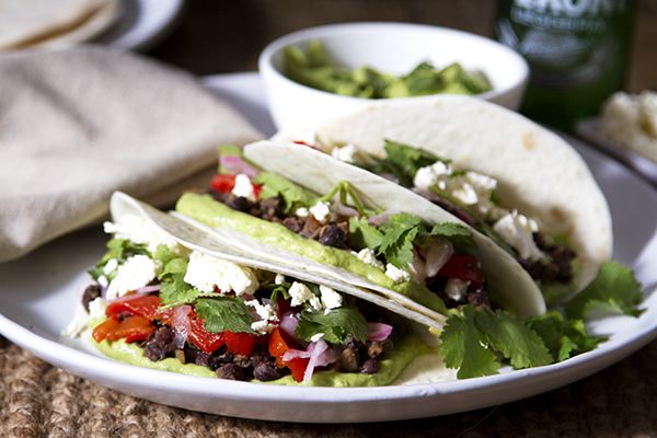 Family Favourite Veggie Tacos with Creamy Avocado Dip, Pickled Red Onion and Fetta