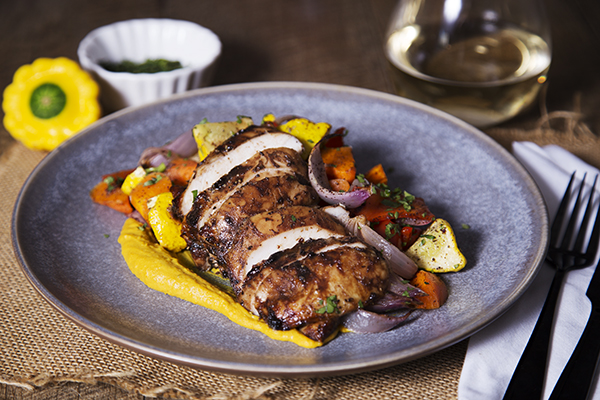 Pomegranate Marinated Chicken Thighs with Sumac Roast Vegetables and Hummus