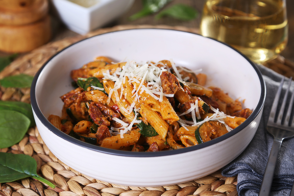 Creamy Chorizo and Red Pesto Pasta with Zucchini and Parmesan