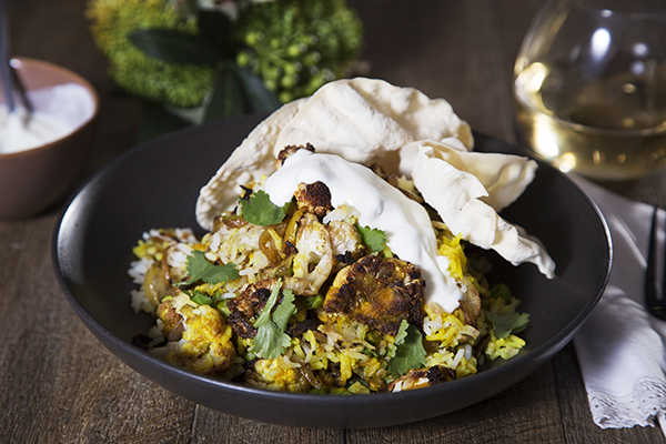 Roasted Cauliflower Biryani with Yoghurt and Pappadams