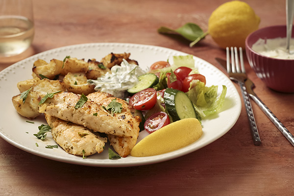 Greek Chicken and Lemon Roasted Potatoes with Tzatziki and Salad