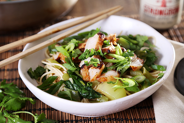 Spicy Pork and Egg Noodle Broth with Gochujang and Coriander