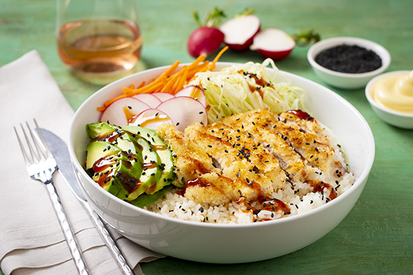 Pork Tonkatsu Bowl with Sushi Rice and Avocado