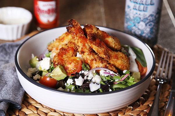 Crunchy Buffalo Chicken Salad with Avocado, Hot Sauce and Ranch Dressing