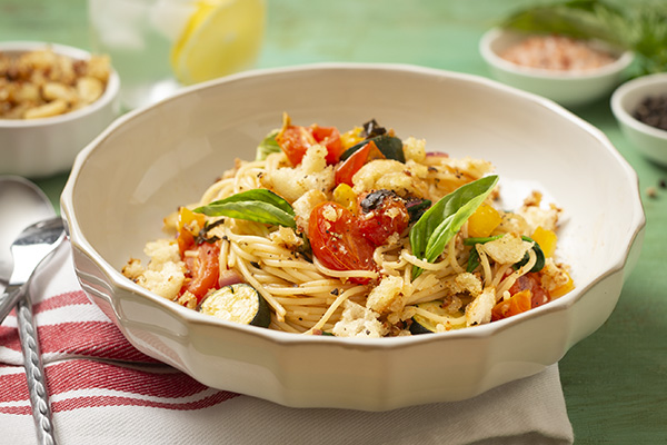 Summer Vegetable Spaghetti with Crunchy Garlic Crumb