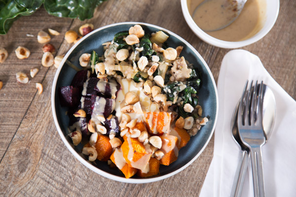 Roast Pumpkin and Beetroot Buddha Bowl with Hazelnuts, Yoghurt and Tahini Dressing