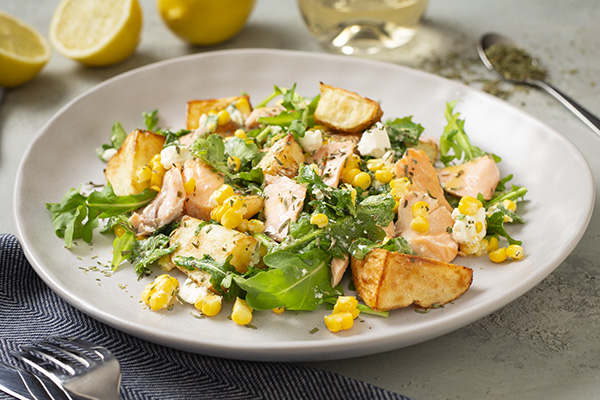 Air Fryer Salmon and Roasted Potato Salad with Rocket, Corn, Fetta and Lemon Tarragon Dressing