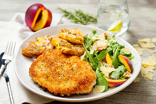 Chicken Milanese with Rosemary Smashed Potatoes and a Nectarine Salad