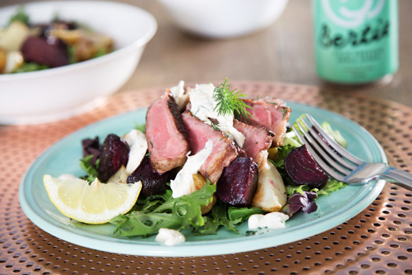 Porterhouse, Roast Beets, Potato and Mixed Leaf Salad and Horseradish